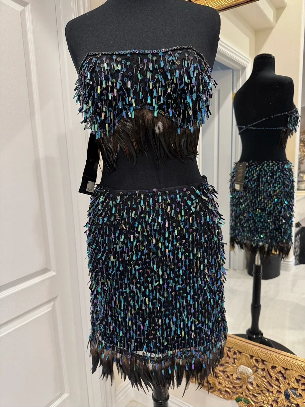 Hand beaded Sequin Fringe feathers Strapless top & Mini Skirt - Black iridescent